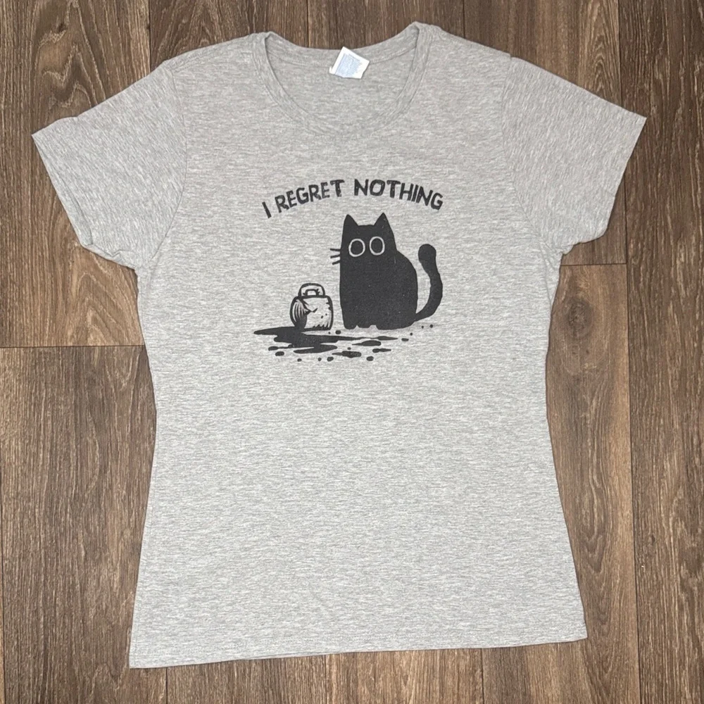 Port and Company Gray Cat Tee with Black Print Women’s Size Medium
